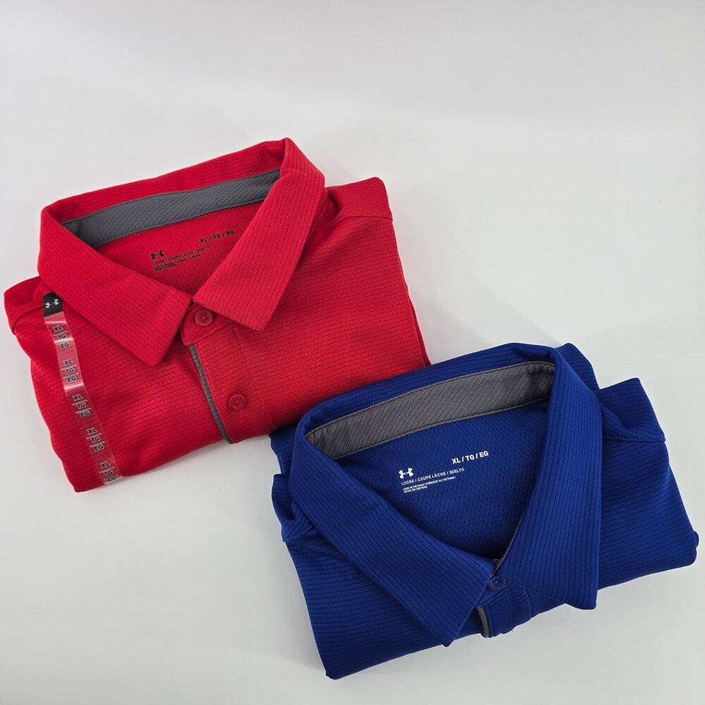 NWT Under armour Lot of 2 Tech Polo Shirts Mens Loose Fit Golf Red Blue Size XL